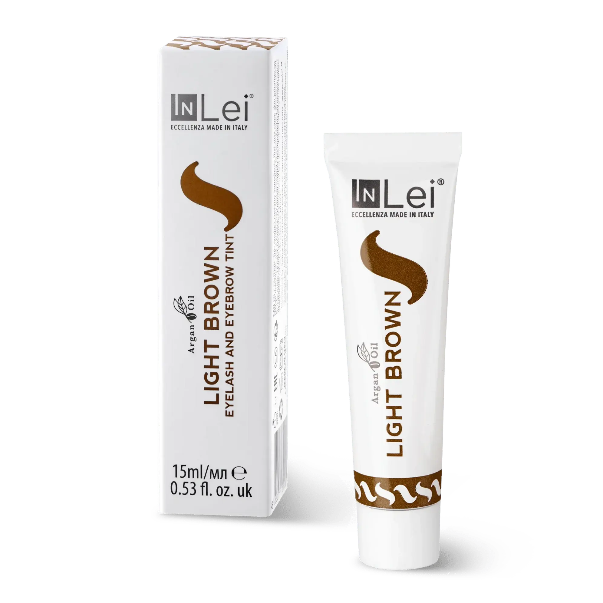 InLei® LIGHT BROWN Wimpern- und Augenbrauenfarbe mit Arganöl, 15 ml Tube und Verpackung