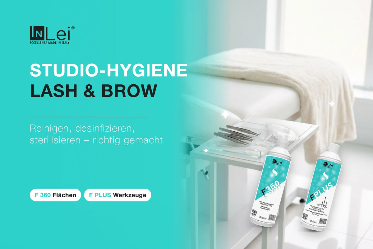 Studio-Hygiene für Lash und Brow: sauberes Behandlungszimmer mit Pinzetten, dazu die Desinfektionsmittel InLei® F 360 und F PLUS