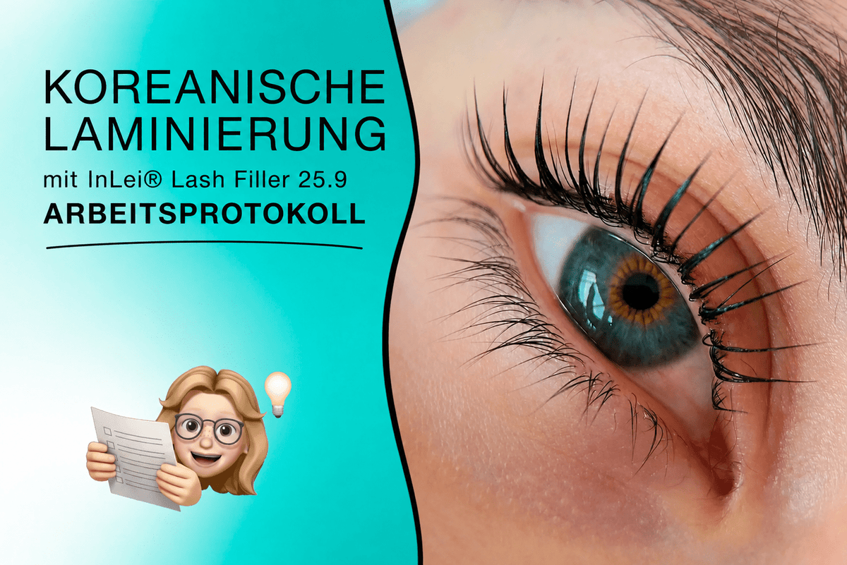 Titelgrafik Koreanische Laminierung mit InLei® Lash Filler 25.9 – Arbeitsprotokoll, Nahaufnahme gelifteter Wimpern