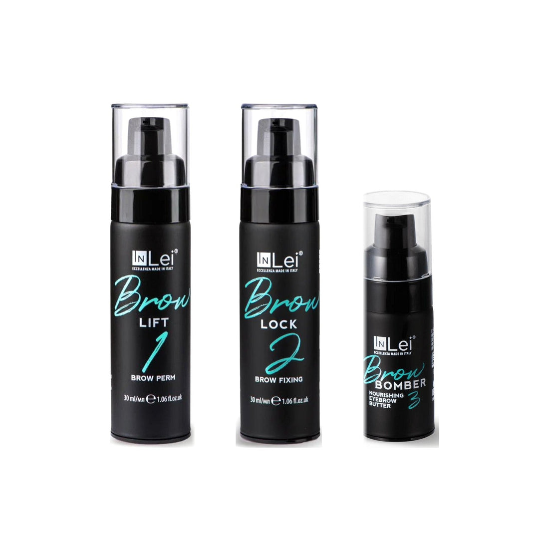 InLei® Brow Bomber Bundle 1–3: Brow Lift 1 (30-ml-Spender), Brow Lock 2 (30-ml-Spender) und Brow Bomber 3 (15-ml-Spender)