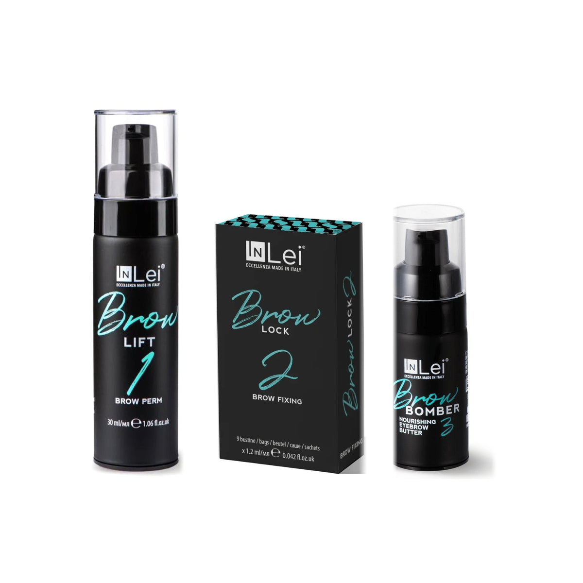 InLei® Brow Bomber Bundle 1–3: Brow Lift 1 (30-ml-Spender), Brow Lock 2 (Faltschachtel mit 9 Sachets) und Brow Bomber 3 (15-ml-Spender)