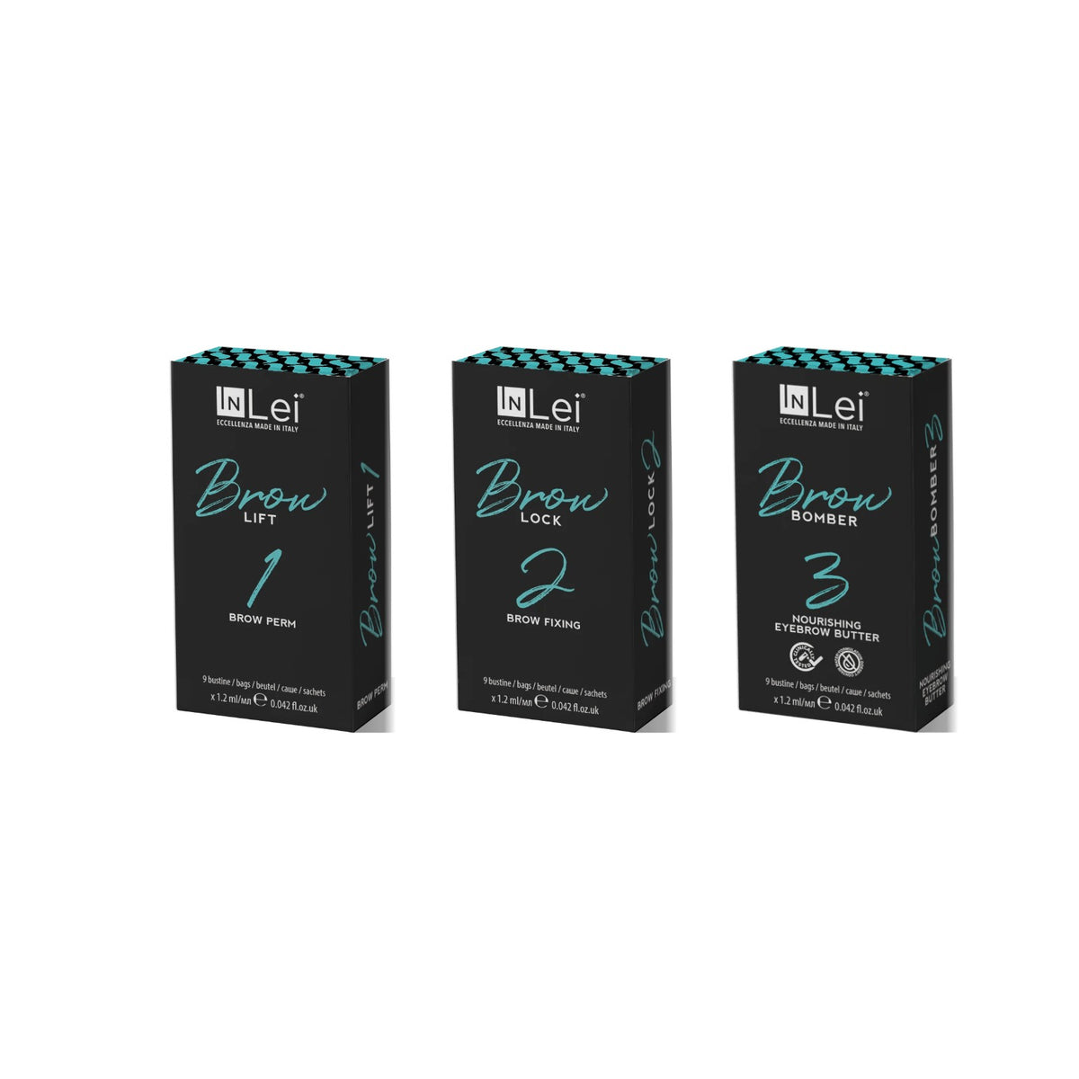 InLei® Brow Bomber Sachet-Bundle 1–3: Faltschachteln Brow Lift 1, Brow Lock 2 und Brow Bomber 3 mit je 9 Sachets