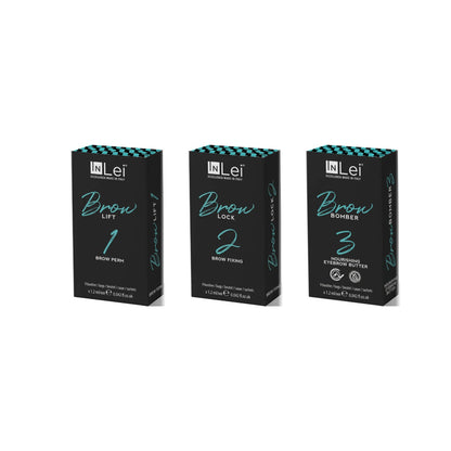 InLei® Brow Bomber Sachet-Bundle 1–3: Faltschachteln Brow Lift 1, Brow Lock 2 und Brow Bomber 3 mit je 9 Sachets