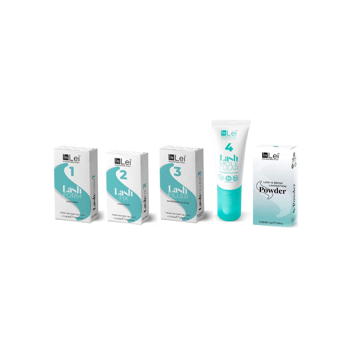InLei® Lash Filler 25.9 Koreanisches Mega-Bundle: Faltschachteln Lash Form 1, Lash Fix 2, Lash Filler 3, Tube Lash Molecular 4 und S-Powder