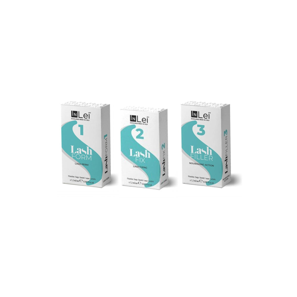 InLei® Lash Filler 25.9 Lotionen-Bundle 1–3: Faltschachteln Lash Form 1, Lash Fix 2 und Lash Filler 3 mit je 9 Sachets