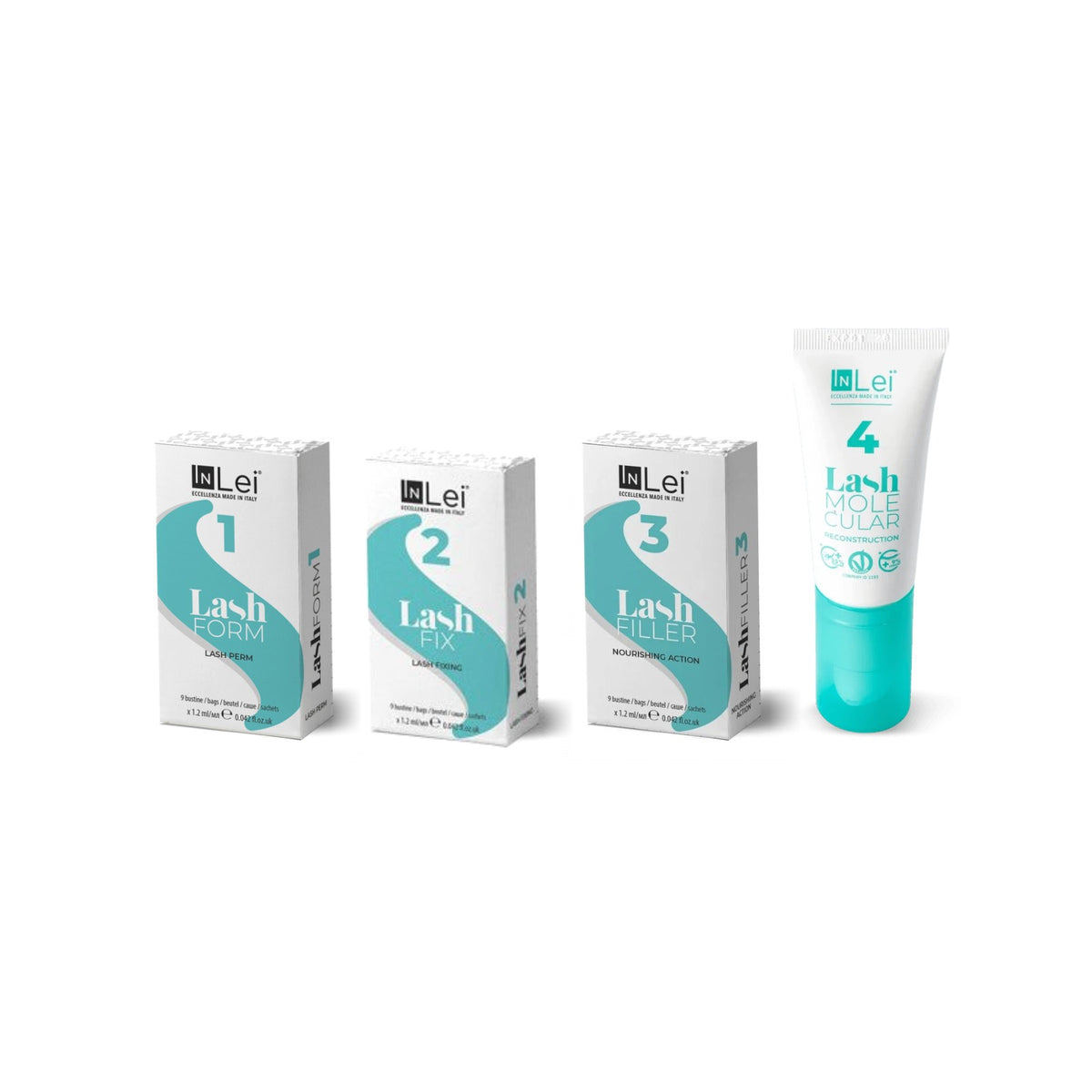 InLei® Lash Filler 25.9 Lotionen-Bundle 1–4: Faltschachteln Lash Form 1, Lash Fix 2, Lash Filler 3 (je 9 Sachets) und 15-ml-Tube Lash Molecular 4