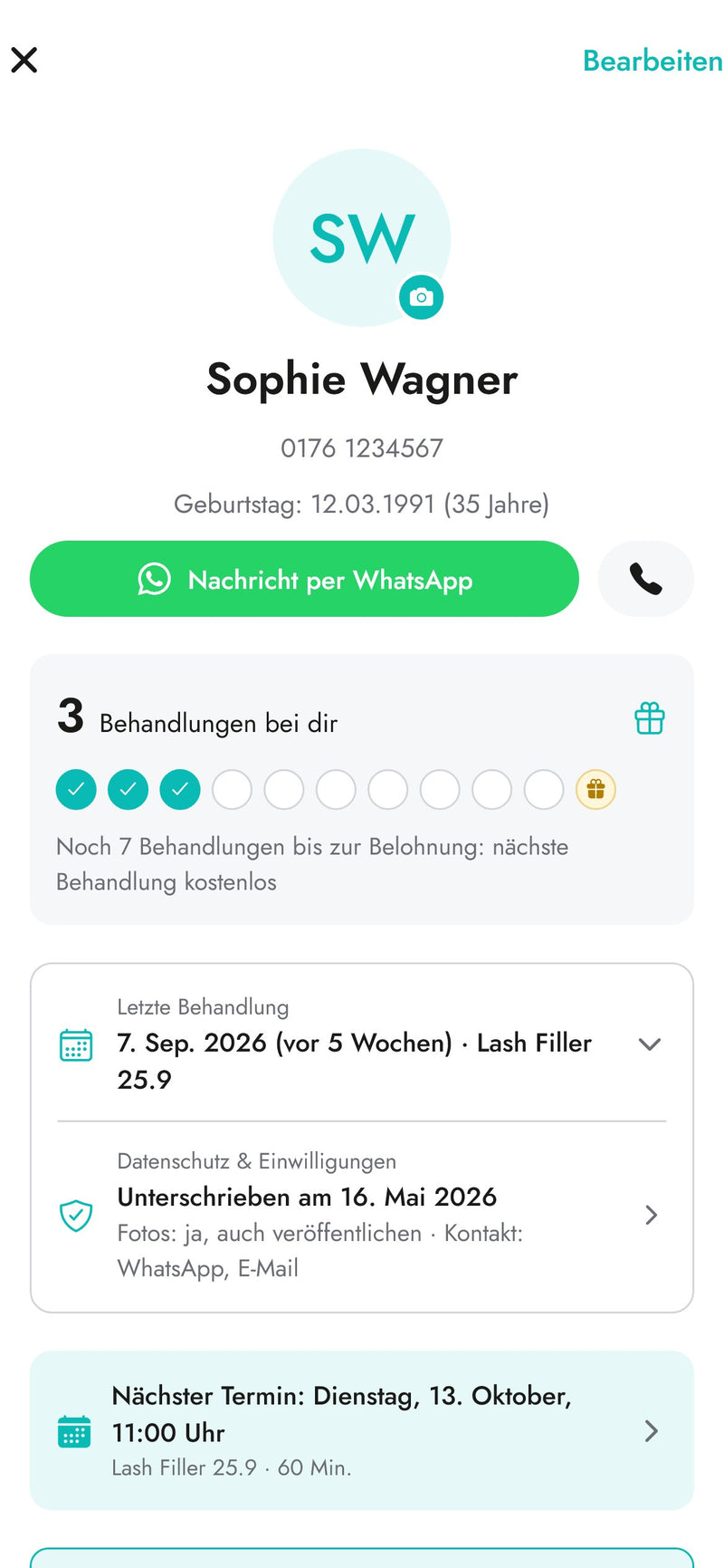 Digitale Kundenakte in der InLei Germany Studio App mit Treue-Bonus und letzter Behandlung