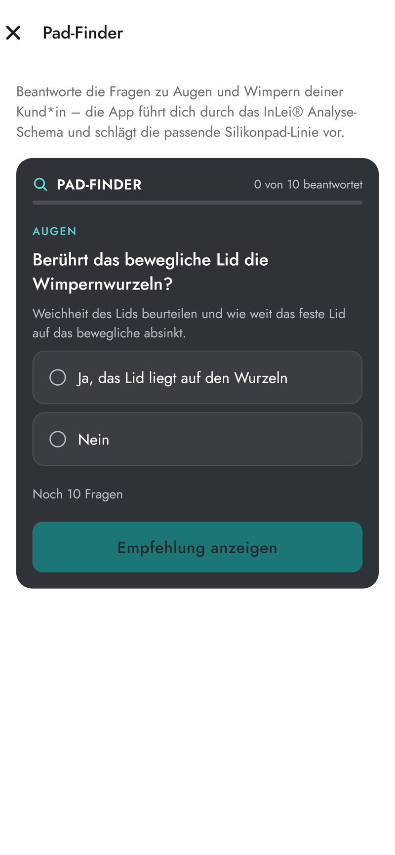 Pad-Finder der InLei Germany Studio App zur Wahl des passenden Silikonpads