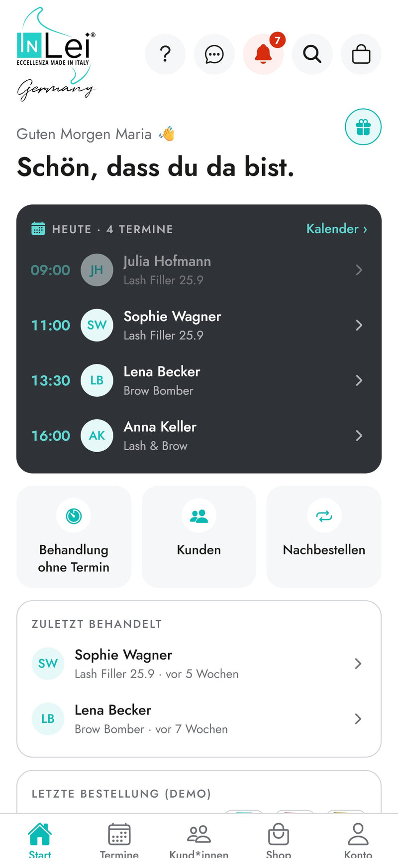 Startseite der InLei Germany Studio App mit den Terminen des Tages