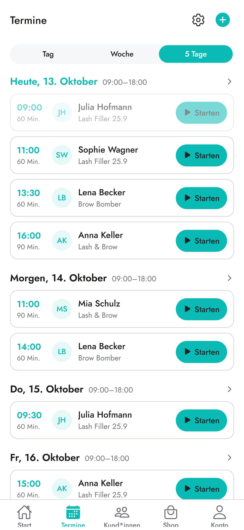 Terminkalender der InLei Germany Studio App in der Ansicht nächste 5 Tage