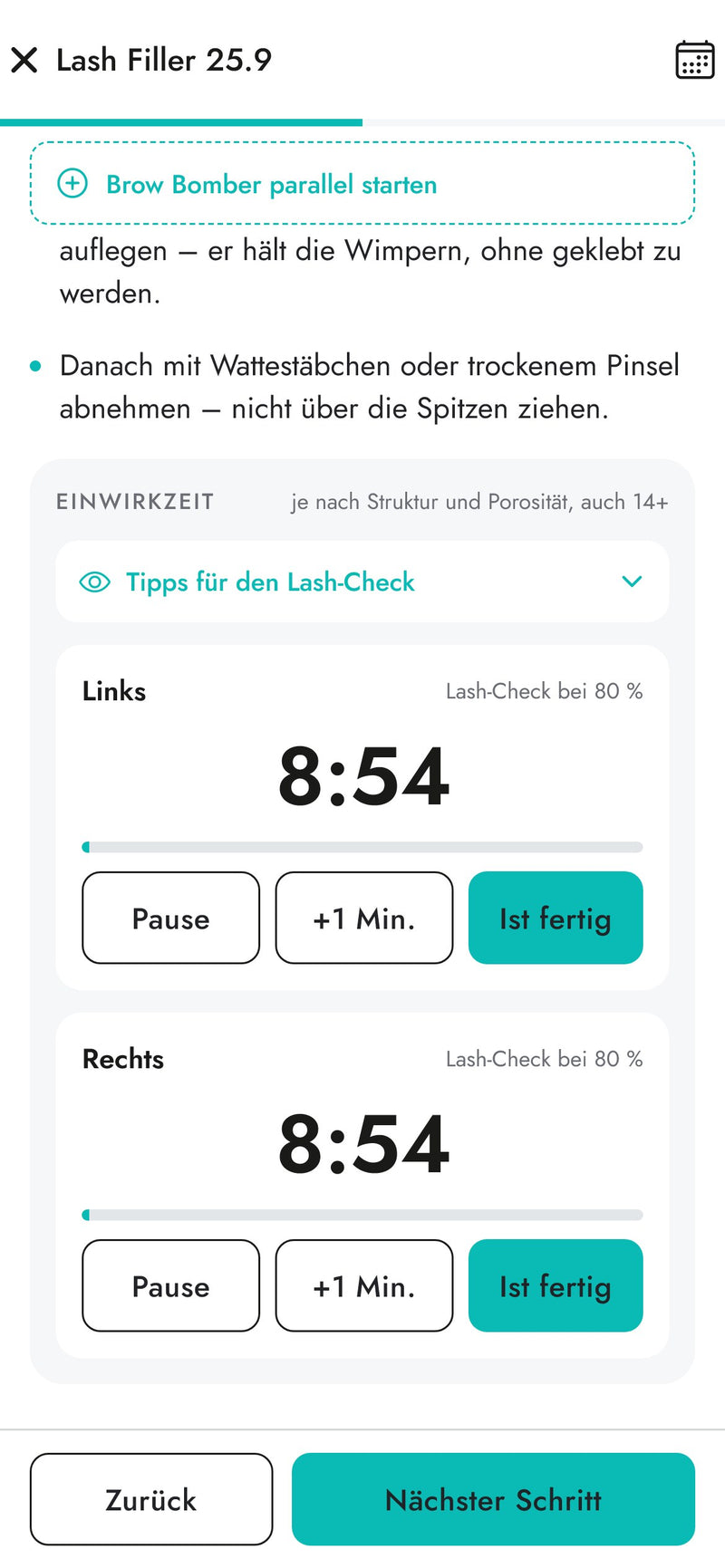 Behandlungsassistent der InLei Germany Studio App mit Einwirkzeit-Timer für linkes und rechtes Auge